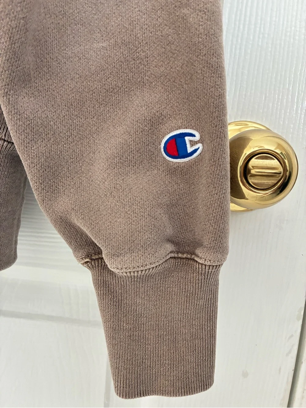 Champion Reverse Weave drawstring Hoodie in Taupe with embroidered chest logo S
